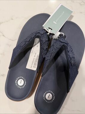 REVITALIGN Navy Flowers Thong Sandals with arch support — Padded Slip-Ons